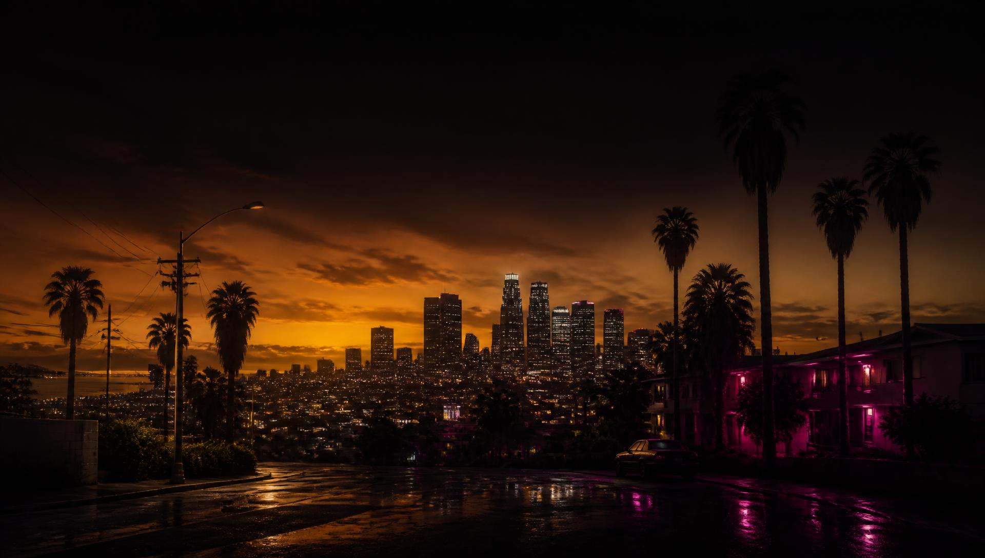 Night skyline of a Los Santos style city with palm trees and neon reflections